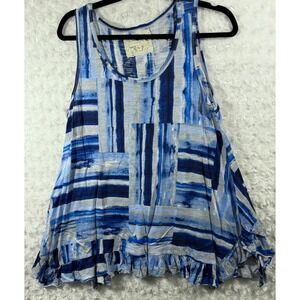 Cupio Blush Womens Size Large Blue Watercolor Abstract Striped Ruffle Tank Top